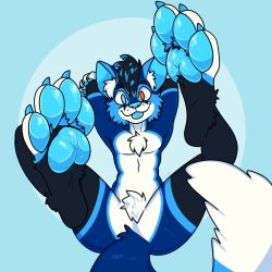  1:1 absurd_res anthro black_body black_fur black_hair blep blue_background blue_highlights blue_pawpads canid canine cheek_tuft chest_tuft facial_tuft featureless_crotch feet foot_focus fox fur hair heterochromia hi_res highlights_(coloring) inner_ear_fluff lying male mammal on_back pawpads paws simple_background smile solo tongue tongue_out tuft white_body white_fur wide_eyed xing1 