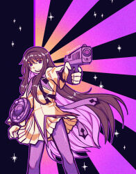  aiming aiming_at_viewer akemi_homura akemi_homura_(magical_girl) artist_name black_hair black_hairband commentary english_commentary female gun hairband handgun highres holding holding_gun holding_weapon long_hair magical_girl mahou_shoujo_madoka_magica ni-ien pantyhose pleated_skirt purple_eyes shield skirt solo standing weapon 