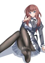  arm_at_side assault_lily black_pantyhose black_ribbon black_skirt blue_eyes blunt_bangs blush breasts brown_hair buttons closed_mouth commentary_request cropped_jacket female foot_out_of_frame hand_up high-waist_skirt ishitsuma_canon juliet_sleeves kaede_johan_nouvel knees_together_feet_apart knees_up large_breasts long_hair long_sleeves looking_at_viewer neck_ribbon no_shoes pantyhose puffy_sleeves ribbon school_uniform shadow shirt simple_background skirt smile soles solo steaming_body wavy_hair white_background white_shirt yurigaoka_girls_academy_school_uniform 