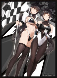  2girls animal_ears atago_(azur_lane) atago_(stunning_speedster)_(azur_lane) azur_lane bikini black_bikini black_hair black_leotard black_pantyhose black_thighhighs bow breasts brown_eyes checkered_flag cleavage commentary commentary_request covered_navel day elbow_gloves flag gloves hair_flaps hair_ribbon hairbow highleg highleg_bikini highleg_leotard large_breasts leotard long_hair long_sleeves looking_at_viewer multicolored_leotard multiple_girls navel official_alternate_costume pantyhose ponytail race_queen ribbon sakura_empire_(emblem) second-party_source shrug_(clothing) sky standing swimsuit symbol-only_commentary takao_(azur_lane) takao_(full_throttle_charmer)_(azur_lane) thighhighs thighs two-tone_bikini two-tone_leotard umbrella white_bikini white_bow white_gloves white_leotard white_ribbon wrist_cuffs yd_(orange_maru) 