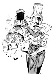  1other apron arms_up bleeding blood blood_from_eyes blood_from_mouth blowtorch breasts buttons chainsaw_man chef_hat commentary_request cowboy_shot curvy disembodied_head dullahan elbow_gloves extra_arms facing_another facing_away facing_viewer falling_devil_(chainsaw_man) female fire food food_on_body from_behind full_body gloves greyscale hat holding_another&#039;s_head holding_own_head idiot_sandwich_(meme) ireading jacket large_breasts long_bangs meme monochrome pants parted_lips pocket shoes short_hair signature simple_background steam waist_apron white_background 