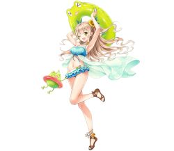  ;d aqua_bikini aqua_nails arms_up bikini blonde_hair crossed_bangs female flower frog full_body green_eyes hair_flower hair_ornament highres innertube ithuriel long_hair looking_at_viewer mai.e no_socks official_alternate_costume official_art one_eye_closed open_mouth phantom_of_the_kill sandals simple_background smile solo standing standing_on_one_leg sunflower swim_ring swimsuit teeth transparent_background two_side_up upper_teeth_only 