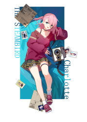  :d absurdres alternate_costume aqua_eyes bare_legs black_choker black_skirt bra_strap camera character_name charlotte_(genshin_impact) choker female full_body genshin_impact highres jingtailan long_sleeves looking_at_viewer medium_hair miniskirt monocle no_headwear off_shoulder one_side_up open_mouth pink_hair red_footwear red_sweater shoes single_bare_shoulder skirt smile socks solo sweater thigh_strap white_socks 