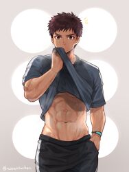  1boy abs black_pants blue_shirt bracelet brown_eyes brown_hair clothes_lift commentary_request grey_background hand_in_pocket highres jewelry male_focus muscular navel pants sengoku_subaru shirt shirt_lift short_hair short_sleeves solo steam sweat tiger_&amp;_bunny torakichi_(ebitendon) twitter_username 