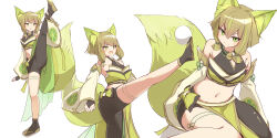  absurdres animal_ears asymmetrical_legwear balancing ball crop_top duel_monster female fox_ears fox_girl fox_tail green_eyes green_hair highres hu-li_the_jewel_mikanko kanzakietc leg_up looking_at_viewer midriff multiple_views navel pantyhose smile solo tail white_background yu-gi-oh! 