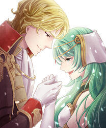  1boy blonde_hair blush brown_eyes camus_(fire_emblem) commentary_request couple crying epaulettes female fire_emblem fire_emblem_echoes:_shadows_of_valentia gloves green_eyes green_hair hair_ornament ichino_tomizuki long_hair open_mouth petals portrait simple_background straight tatiana_(fire_emblem) teeth white_background 