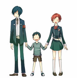  2boys blue_hair commentary_request female gekkoukan_high_school_uniform hair_ornament hairclip holding_hands machiko_(umu) multiple_boys persona persona_3 persona_3_portable pharos red_hair ribbon school_uniform shiomi_kotone shorts smile yuuki_makoto_(persona_3) 