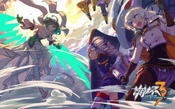  3girls ahoge bandaged_leg bandages bare_shoulders barefoot blue_eyes bronya_zaychik bronya_zaychik_(valkyrie_chariot) detached_sleeves drill_hair gloves green_eyes grey_hair hair_ribbon highres honkai_(series) honkai_impact_3rd kiana_kaslana kiana_kaslana_(valkyrie_ranger) mecha multicolored_hair multiple_girls official_art open_mouth project_bunny ribbon robot scarf short_hair skirt twin_drills two-tone_hair wendy_(honkai_impact) white_hair wings 