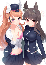  2girls akagi_kurage animal_ears azur_lane black_hat black_jacket black_skirt blush bra breasts brown_hair cleavage closed_mouth commentary_request feathered_wings gloves hat head_wings heart highres jacket large_breasts light_brown_hair long_hair long_sleeves looking_at_viewer mini_hat multiple_girls myoukou_(azur_lane) nachi_(azur_lane) navel off_shoulder panties peaked_cap pink_bra pink_panties pleated_skirt purple_eyes red_eyes shirt simple_background skirt smile underwear very_long_hair white_background white_gloves white_shirt white_wings wings 