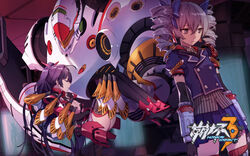  2girls bronya_zaychik bronya_zaychik_(valkyrie_chariot) carrying closed_eyes drill_hair elbow_gloves gloves grey_eyes hair_ribbon highres honkai_(series) honkai_impact_3rd long_hair mecha multiple_girls official_art ponytail princess_carry project_bunny raiden_mei raiden_mei_(crimson_impulse) ribbon robot skirt thighhighs twin_drills very_long_hair 