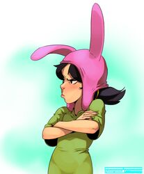  animal_hat bad_id bad_pixiv_id beanie black_hair blush bob&#039;s_burgers crossed_arms dress female green_dress hairband hat highres lips lolicon louise_belcher nose oversized_clothes oversized_shirt polyle pout shirt short_twintails solo tan twintails yellow_hairband 