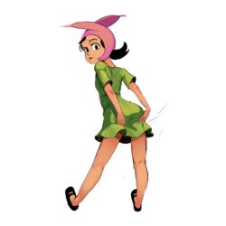  animal_ears animal_hat animal_hood bad_id bad_pixiv_id beanie black_eyes black_hair bob&#039;s_burgers covering_ass covering_privates dark-skinned_female dark_skin dress female full_body green_dress hat highres hood lolicon looking_back louise_belcher mary_janes no_socks oversized_clothes oversized_shirt polyle rabbit_ears rabbit_hood shirt shoes short_ponytail short_twintails solo transparent_background twintails 