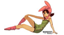  animal_hat bad_id bad_pixiv_id bare_shoulders beanie black_hair bob&#039;s_burgers brown_eyes dress female flat_chest full_body green_dress hat looking_at_viewer loose_socks louise_belcher open_mouth pink_socks polyle reclining short_dress socks solo strapless strapless_dress 