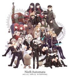  11s_(nier:automata) 2b_(nier:automata) 32s_(nier:automata) 42s_(nier:automata) 4s_(nier:automata) 6+boys 6+girls 801s_(nier:automata) 9s_(nier:automata) :d ^_^ a2_(nier:automata) absurdres adam_(nier:automata) anemone_(nier:automata) anniversary black_blindfold black_eyes black_gloves black_hair black_hairband black_jacket black_legwear black_pants black_shorts blindfold blonde_hair blue_eyes boots braid breasts brown_hair buttons character_request cleavage cleavage_cutout cloak closed_eyes clothing_cutout commander_(nier:automata) commentary_request copyright_name covered_eyes crossed_legs devola double-breasted dress elbow_gloves emil_(nier) eve_(nier:automata) everyone flower frown full_body gears gloves green_eyes grey_eyes hair_between_eyes hair_flower hair_ornament hairband hand_on_another&#039;s_head highres hood hood_up hooded_cloak jackass_(nier:automata) jacket jewelry knees_up long_hair looking_at_viewer machine_(nier) medium_breasts multiple_boys multiple_girls necklace nier:automata nier_(series) open_mouth operator_21o operator_6o own_hands_together pants pascal_(nier:automata) pod_(nier:automata) ponytail popola puffy_short_sleeves puffy_sleeves purple_eyes red_dress red_eyes red_girl_(nier) red_hair red_hairband red_pants robot shirt short_hair short_sleeves shorts siblings sisters sitting small_breasts smile tamakingx422x thigh_boots thighhighs topless_male torn_clothes torn_thighhighs twins veil very_long_hair white_gloves white_hair white_shirt yorha 