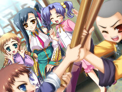  2boys 3girls black_hair blonde_hair blue_hair blush braid china_dress chinadress chinese_clothes closed_eyes dress game_cg happy kan&#039;u kanu koihime_musou long_hair multiple_boys multiple_girls necktie ribbon smile twintails 