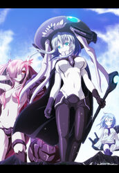  3girls abyssal_ship aqua_eyes bikini bikini_bottom_only blue_hair bodysuit breasts commentary_request gloves hair_censor kantai_collection large_breasts machinery monster multiple_girls navel no_pants pale_skin pink_hair red_eyes school_uniform serafuku southern_ocean_war_princess staff swimsuit ta-class_battleship thighhighs topless turret twintails wo-class_aircraft_carrier wrwr 