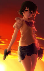  846-gou :o arms_at_sides backlighting black_hair black_skirt bow bowtie cloud commentary_request cowboy_shot evening eyelashes female gun hair_between_eyes handgun holding holding_gun holding_weapon legs_together light_smile looking_at_viewer miniskirt noir_(anime) orange_sky photoshop_(medium) purple_bow purple_bowtie red_eyes sailor_collar school_uniform serafuku shirt short_hair short_sleeves skirt sky solo sunset tareme thighs weapon white_shirt yuumura_kirika 