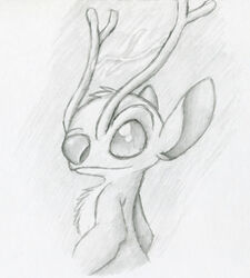  2008 alien antennae_(anatomy) chest_tuft disney electricity experiment_(lilo_and_stitch) greyscale head_tuft head_turn lilo_and_stitch monochrome petrock simple_background solo sparky_(lilo_and_stitch) traditional_media_(artwork) tuft 