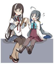  2girls :d ? ?? ahoge black_hair blue_hair boots bow bowtie clipboard closed_eyes commentary dress glasses grey_eyes grey_hair hair_between_eyes hairband hip_vent kantai_collection kiyoshimo_(kancolle) lace lace-trimmed_legwear lace_trim long_hair low_twintails md5_mismatch multicolored_hair multiple_girls necktie ooyodo_(kancolle) open_mouth pantyhose riz_(ravel_dc) school_uniform serafuku sitting sleeveless sleeveless_dress smile sweatdrop thighhighs twintails white_dress 