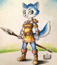  2015 anthro armor belt black_nose blue_body blue_fur blue_hair boots bracers clothing dinosaur_planet felid feline female footwear fur gem grass green_eyes hair hi_res jewelry krystal_(dinosaur_planet) mammal markings melee_weapon necklace nintendo outside penmark plant polearm rareware shoulder_pads signature smile solo spear staff tribal weapon white_body white_fur 