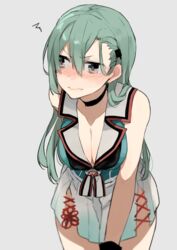  bad_id bad_twitter_id bare_shoulders blush breasts choker cleavage closed_mouth collarbone commentary cosplay cross-laced_clothes cross-laced_skirt cross-laced_slit female gloves green_hair grey_background hair_between_eyes hair_ornament hairclip hita_(hitapita) kantai_collection large_breasts leaning_forward long_hair looking_to_the_side maya_(kancolle) maya_(kancolle)_(cosplay) maya_kai_ni_(kancolle) maya_kai_ni_(kancolle)_(cosplay) nose_blush pleated_skirt purple_eyes sailor_collar side_slit simple_background skirt solo standing suzuya_(kancolle) wavy_mouth 