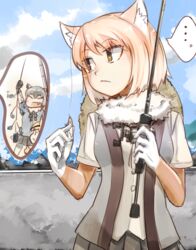  ... 3girls animal_ears blonde_hair brown_eyes buttons closed_eyes commentary common_raccoon_(kemono_friends) day elbow_gloves expressionless eyes_visible_through_hair fennec_(kemono_friends) fishing fishing_line fishing_rod fox_ears fur_collar gloves grey_hair hands_up hat highres holding kemono_friends light_brown_hair looking_at_another looking_to_the_side medium_hair multicolored_hair multiple_girls nakami ocean oerba_yun_fang open_mouth outdoors parted_bangs pleated_skirt raccoon_ears shirt skirt smile solo_focus spoken_ellipsis straw_hat sweater tibetan_fox_(kemono_friends) two-tone_hair upper_body vest water white_hair 