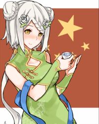  15k aurora_(warship_girls_r) blush braid china_dress chinese_clothes chongqing_(warship_girls_r) collarbone commentary_request cup double_bun dress female flag_background flower french_braid green_dress hair_bun hair_flower hair_ornament holding holding_cup long_hair looking_at_viewer low_twintails people&#039;s_republic_of_china_flag sash sleeveless smile solo twintails warship_girls_r white_hair yellow_eyes yellow_star 