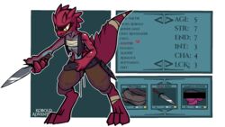  16:9 3_toes 4_fingers alpha_channel anthro bandage belt broken_heart censor_bar censored claws clothing feet fingers hi_res horn knife kobold kobold_adventure lizard male model_sheet quitetricky red_body reptile scalie scar simple_background solo story story_in_description tak-tik_(kobold_adventure) text toes weapon widescreen yellow_sclera 