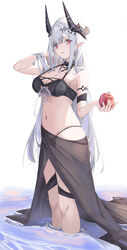  absurdres adjusting_hair apple arknights arm_up bare_shoulders bikini black_bikini breasts cake_walker cleavage collar female food fruit grey_hair hair_lift hair_ornament hand_in_own_hair highres holding holding_food holding_fruit horns incredibly_absurdres jewelry large_breasts legs long_hair looking_at_viewer mudrock_(arknights) mudrock_(silent_night)_(arknights) navel necklace official_alternate_costume parted_lips pointy_ears red_eyes ribbon sarong see-through simple_background smile solo standing stomach swimsuit very_long_hair wading water white_background white_ribbon 