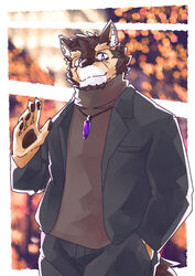  anthro brown_body brown_fur canid canine canis clothing countershading crystal domestic_dog eyebrows fur gesture hi_res jacket jewelry lifewonders live_a_hero looking_at_viewer male mammal necklace ottyo_kope pawpads pubraseer solo sweater thick_eyebrows topwear turtleneck waving 