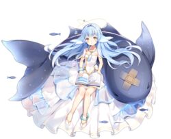  &gt;_&lt; anklet ark_order bangs blue_hair blue_scrunchie book book_on_lap bubble crossed_bandaids detached_sleeves dress female fish head_fins horns jewelry kuen_(ark_order) long_hair looking_at_viewer maya_g narwhal necklace official_art open_book scrunchie short_sleeves single_horn sitting smile solo tachi-e tassel transparent_background very_long_hair white_dress white_footwear wrist_scrunchie yellow_eyes 