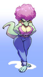  3_toes afro anthro barefoot bedroom_eyes big_breasts bigdad bottomwear breasts cleavage clothed clothing crocodilian denim denim_bottomwear denim_clothing donkey_kong_(series) ear_piercing ear_ring feet female fondling green_body green_scales hair hand_on_breast hi_res holding_breast hoop_ear_ring huge_breasts jeans kalypso kremling looking_at_viewer narrowed_eyes nintendo pants piercing pink_hair reptile ring_piercing scales scalie seductive self_fondle solo toes wide_hips 