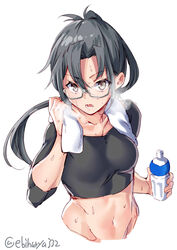  alternate_costume amagiri_(kancolle) black_hair black_sports_bra bottle breasts brown_eyes commentary_request cropped_torso duplicate ebifurya female glasses grey_eyes grey_hair hair_between_eyes highres kantai_collection long_hair looking_at_viewer medium_breasts navel nervous_sweating open_mouth pixel-perfect_duplicate ponytail semi-rimless_eyewear simple_background solo sports_bra sweat sweatdrop towel towel_around_neck twitter_username upper_body very_long_hair water_bottle white_background 