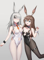  2girls :d amiya_(arknights) animal_band animal_ears arknights black_bow black_bowtie black_leotard black_pantyhose bow bowtie breasts brown_hair chinese_commentary clothing_cutout commentary_request detached_collar frostnova_(arknights) green_eyes grey_background grey_eyes grey_hair hair_over_one_eye heart_cutout heart_o-ring highres kurosara leotard long_hair looking_at_viewer medium_breasts mixed-language_commentary multiple_girls navel_cutout necktie open_mouth orange_necktie pantyhose playboy_bunny rabbit_cutout rabbit_ears rabbit_girl simple_background small_breasts smile standing strapless strapless_leotard thigh_strap traditional_bowtie underboob_cutout white_leotard white_pantyhose wrist_cuffs 