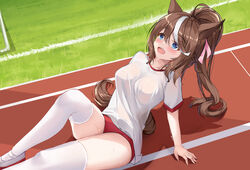  absurdres animal_ears arm_support blue_eyes blush breasts brown_hair buruma chinese_commentary collarbone commentary dongyue_sakura female foot_out_of_frame highres horse_ears horse_girl horse_tail large_breasts long_hair mixed-language_commentary multicolored_hair open_mouth ponytail red_buruma running_track shirt shoes sitting solo streaked_hair sweat tail thighhighs thighs tokai_teio_(umamusume) tracen_training_uniform umamusume white_footwear white_hair white_legwear white_shirt 