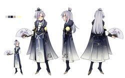  1boy arm_behind_back black_legwear folding_fan glasses grey_hair hair_ornament hair_stick hand_fan highres ibex long_hair long_sleeves male_focus moon_print multiple_views one_eye_closed original profile smile white_background 