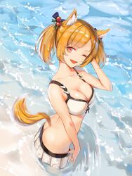  absurdres alternate_costume animal_ears arknights ass bad_id bad_pixiv_id beach bikini bikini_skirt bow breasts butt_crack cleavage collarbone day eyyy female hairbow hand_in_own_hair highres holly looking_at_viewer medium_breasts medium_hair midriff ocean oerba_yun_fang official_alternate_costume one_eye_closed open_mouth orange_hair outdoors parted_bangs red_eyes smile solo sora_(arknights) sora_(summer_flowers)_(arknights) swimsuit tail twintails twisted_torso wading water white_bikini wolf_ears wolf_tail 