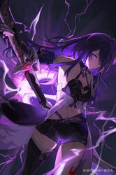  absurdres acheron_(honkai:_star_rail) armor artist_name asymmetrical_legwear bandaged_arm bandaged_leg bandages black_choker black_gloves black_hair black_shorts breasts chain_around_arm chains choker coat coattails commentary_request cowboy_shot criss-cross_halter detached_sleeves drawing_sword electricity female gloves glowing glowing_eye hair_over_one_eye halterneck highres holding holding_sword holding_weapon honkai:_star_rail honkai_(series) katana large_breasts leg_tattoo long_hair looking_ahead midriff miyoushe_watermark multicolored_hair navel purple_eyes purple_hair scabbard sheath shorts shoulder_armor single_detached_sleeve skindentation solo streaked_hair sword tattoo thighs unsheathing very_long_hair weapon white_coat zailai_yiwan_ci_wan 