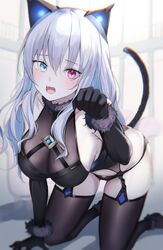  absurdres animal_ears black_panties breasts cat_ears cat_tail chest_harness cleavage detached_sleeves embarrassed fake_animal_ears fake_tail female grey_hair harness heterochromia highres kairi_(miry666) kneeling large_breasts long_hair neo-porte no_pants oerba_yun_fang open_mouth panties paw_pose pink_eyes tail tentei_forte thighhighs underwear very_long_hair virtual_youtuber 