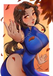  absurdres blue_dress blush breasts brown_hair china_dress chinese_clothes collared_dress covered_navel dress falling_leaves female fingernails highres hong_xiu_ying large_breasts leaf lips lipstick long_hair looking_at_viewer makeup nail_polish orange_background orange_eyes outstretched_arm panty_straps parted_bangs parted_hair pelvic_curtain pink_nails red_draws5 shenmue shenmue_ii side_slit sidelocks signature solo two-tone_background very_long_hair 