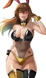  animal_ears arm_up armpits asymmetrical_wrist_cuffs bare_shoulders black_collar black_leotard black_thighhighs black_wrist_cuffs blush bow bowtie breasts breasts_apart brown_hair check_clothing chinese_zodiac collar commentary covered_navel cowboy_shot detached_collar english_commentary female floating_hair gold_panties gold_thighhighs gold_wrist_cuffs groin hair_between_eyes highleg highleg_panties lainart large_breasts leotard long_hair looking_at_viewer mismatched_thighhighs mismatched_wrist_cuffs navel one_eye_closed open_mouth panties rabbit_ears rabbit_girl rabbit_tattoo rwby see-through see-through_leotard simple_background smile solo standing strapless tattoo thighhighs underwear velvet_scarlatina white_background wing_collar wrist_cuffs year_of_the_rabbit yellow_bow yellow_bowtie 