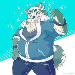  1:1 anthro bandana belly canid canine canis domestic_dog eyebrows fur green_body green_eyes green_fur hi_res kemono kerchief lifewonders live_a_hero male mammal mokdai ottyo_kope overweight smile solo thick_eyebrows wristband 