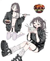  black_eyes black_jacket blush bra chopsticks closed_eyes dual_persona food highres instant_ramen jacket lbf5n looking_at_viewer noodles on_floor original panties ramen simple_background sitting socks underwear white_background white_socks 