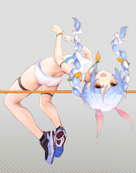  absurdres alternate_costume animal_ears arched_back armband ass back blue_hair blush braid breasts carrot_hair_ornament carrot_necklace commentary_request crop_top female food-themed_hair_ornament full_body grey_background hair_ornament high_jump highres hololive horizontal_bar jewelry jumping long_hair looking_at_viewer multicolored_hair necklace open_mouth polka_dot polka_dot_background rabbit_ears red_eyes shenbaibaibaibaibaibaibai shoes simple_background skindentation small_breasts smile sneakers solo tank_top thigh_strap thighs track_and_field track_uniform twin_braids twintails two-tone_hair usada_pekora virtual_youtuber white_hair wristband 