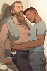  2boys arm_hair artstation_username bara beard black_hair black_pants brown_hair call_of_duty call_of_duty:_modern_warfare_2 captain_price chest_hair commentary couple dark-skinned_male dark_skin facial_hair gaz_(call_of_duty_4) grey_pants grey_shirt hairy interracial large_pectorals male_focus mature_male mto multiple_boys muscular muscular_male nipples pants pectorals shirt short_hair symbol-only_commentary thick_chest_hair topless_male towel towel_around_neck twitter_username yaoi 