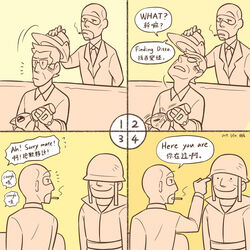  1:1 3_fingers 5_fingers ambiguous_gender chinese_text cigarette cigarette_in_mouth clothing comic_panel dated disguise ditto_(pokemon) english_text eye_contact eyewear feeding feeding_bottle feral fingers generation_1_pokemon gesture glasses group hand_gesture hat headgear headwear hi_res hide_and_seek human human_focus looking_at_another looking_back male mammal motion_lines nintendo not_furry_focus object_in_mouth pointing pokemon pokemon_(species) sandshrew sicklizardman simple_background smoking smoking_cigarette sniper_(team_fortress_2) soldier_(team_fortress_2) speech_bubble spy_(team_fortress_2) team_fortress_2 text valve yellow_background 