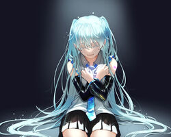  absurdres aqua_hair bad_id bad_pixiv_id bare_shoulders black_skirt blue_necktie closed_eyes clutching_chest collared_shirt colored_eyelashes commentary crying dark_background darkness detached_sleeves dot_nose eyelashes facing_viewer female fingernails flying_teardrops frilled_shirt frills glowing glowing_heart grey_shirt hands_on_own_chest hands_up happy happy_tears hatsune_miku heart heart_on_chest highres jitome light_particles long_hair necktie nemuke2828 number_tattoo on_floor open_mouth pleated_skirt shirt shoulder_tattoo sitting skirt sleeveless sleeveless_shirt smile solo spotlight straight_hair streaming_tears tattoo tears thighs twintails unknown_mother_goose_(vocaloid) very_long_hair vocaloid 