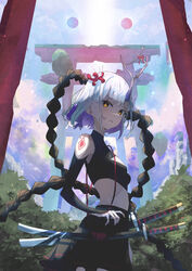  38_(sanjuuhachi) black_gloves black_shirt black_skirt blue_sky brown_eyes colored_inner_hair commentary crop_top day elbow_gloves female flower gloves hair_flower hair_ornament hand_on_own_hip highres horns katana looking_at_viewer moon mountain multicolored_hair multiple_moons original outdoors parted_lips purple_hair red_flower shirt short_hair single_horn skirt sky sleeveless sleeveless_shirt solo sword torii tree weapon white_hair 