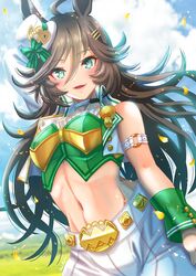  :d ahoge animal_ears arm_strap bare_shoulders black_hair blue_sky breasts cloud commentary_request crop_top day female green_eyes green_shirt hair_between_eyes hat highres horse_ears horse_girl long_hair looking_at_viewer md5_mismatch medium_breasts midriff mini_hat mini_top_hat mr._c.b._(umamusume) navel open_mouth otono_(bkt4b) pants shirt sky smile solo stomach strapless strapless_shirt top_hat umamusume upper_body very_long_hair white_hat white_pants 