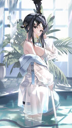  absurdres arknights ball beachball bikini black_hair breasts commentary_request day feather_hair female goggles goggles_around_neck grey_eyes hair_ornament hairclip highres id_card jacket jacket_over_swimsuit la_pluma_(arknights) la_pluma_(summer_flowers)_(arknights) lanyard long_sleeves medium_breasts mouth_hold off_shoulder official_alternate_costume open_clothes open_jacket partially_submerged pool see-through short_hair sideboob sion_(im10042m) solo sunlight swimsuit thigh_strap wading water whistle white_bikini wing_hair_ornament 